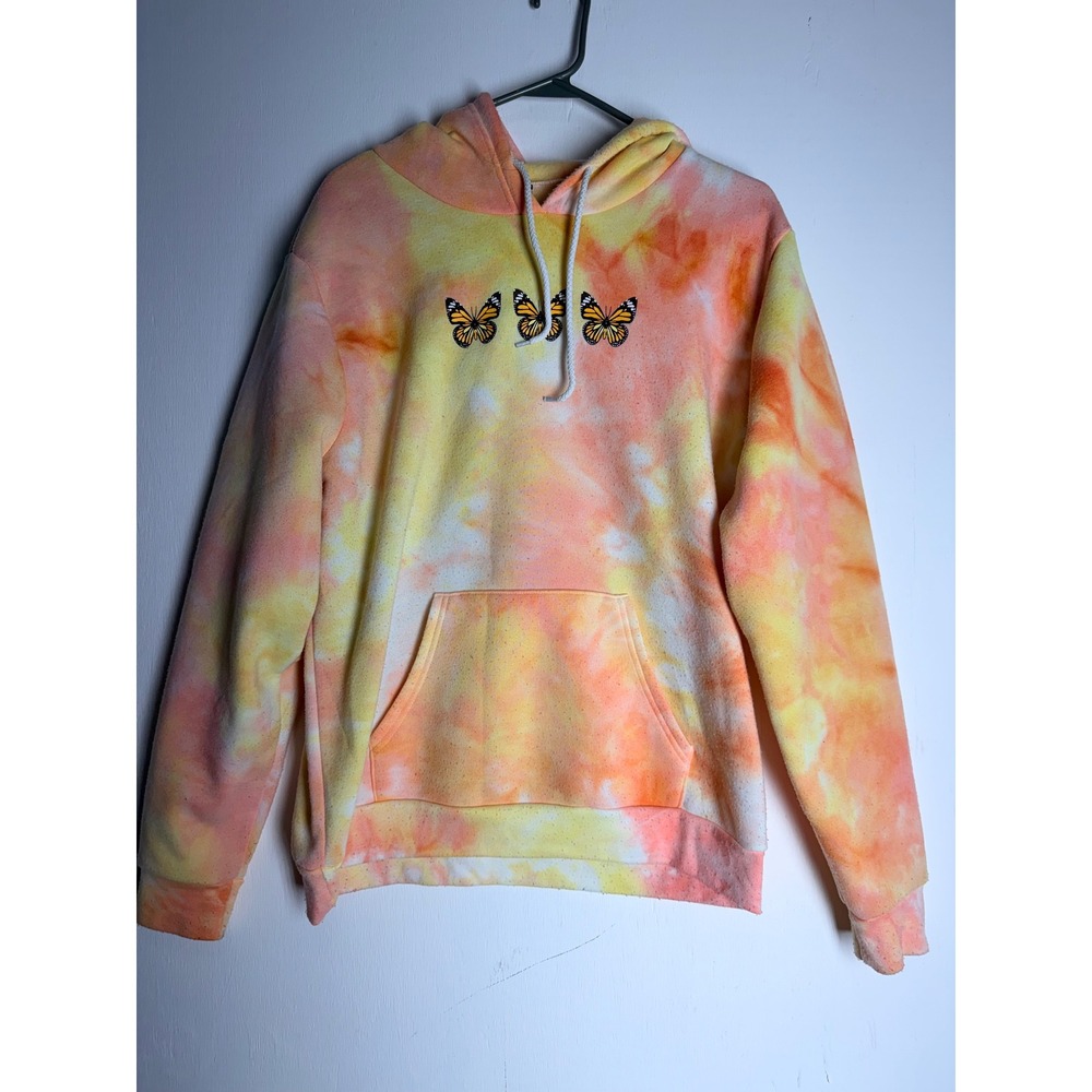 Rue21 Orange Yellow Tie Dye Butterfly Embroidered Hoodie Sweatshirt Large Y2K
